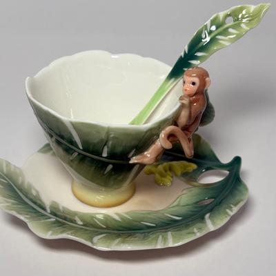 Franz Monkey Design Sculptured Porcelain Cup/Saucer Set, New In Box