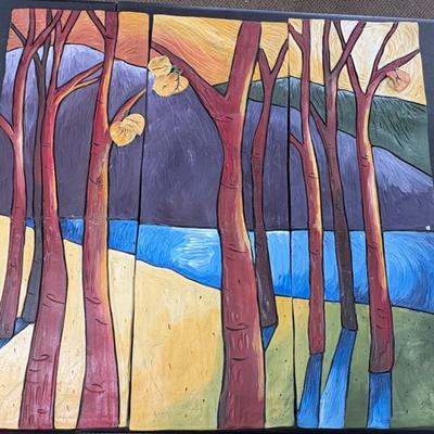 3-Panel Wall Art Featuring 3-D Birch Trees With Leaves & Rolling Hills 