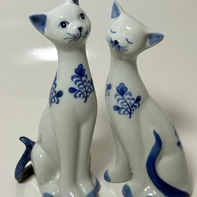 Pair Of Andrea by Sadek White & Blue Porcelain Cats