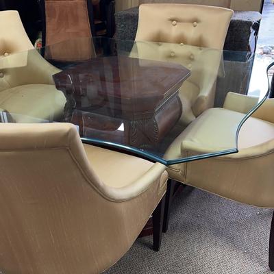 Bombay Co Glass Pedestal Table With Silk Gold Chairs
