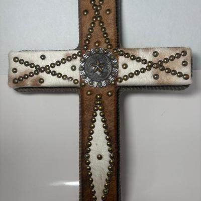 Large Cow Hide Cross W/Concho, Brass Studs Wrapped In Lasso Rope