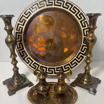 Vintage Brass Candle Sticks, Salt & Pepper Set On Small Tray & Greek Themed Tray