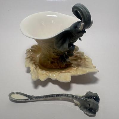 Franz Elephant Design Sculptured Porcelain Cup/Saucer Set & Spoon, New In Box 