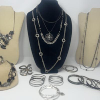 Silver Toned And Black Necklaces And Bangles