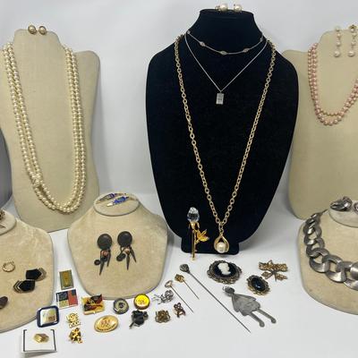 Variety  Of Pins, Pearl -like Jewelry  And A Sterling Silver Necklace W Pendant