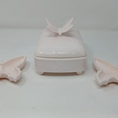 Pink Glass Butterfly Jewelry Box And Ashtrays 