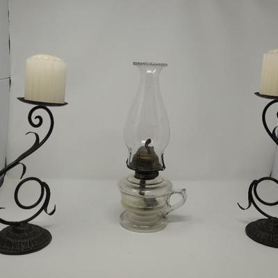 Oil Lamp and Two Candle Holders With Candles