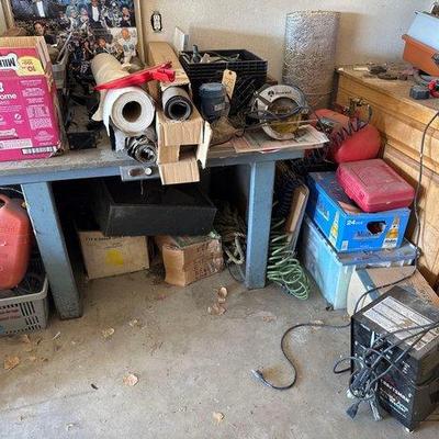 #1504 • Work Table, Saw, Security Signs, Rope & Hoses
