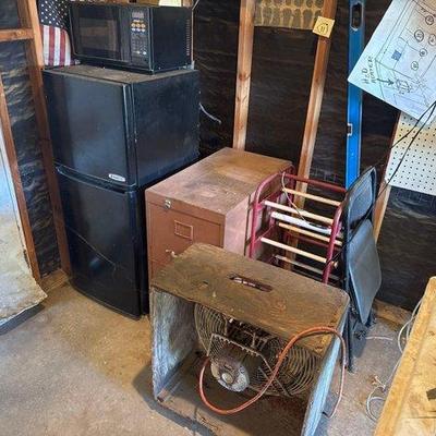 #2046 • MicroFridge Unit, Metal Filing Cabinet, Folding Chair, Metal Rack, Fan

