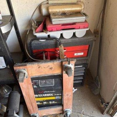 #1608 • Batter Charger, Creeper, Tool Boxes, Power Cord & Tools
