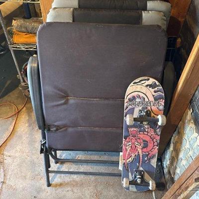 #2044 • 3 Folding Chairs and Skateboard
