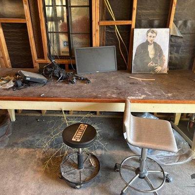 #2050 • Wooden Work Bench with Rolling Chair and Stool
