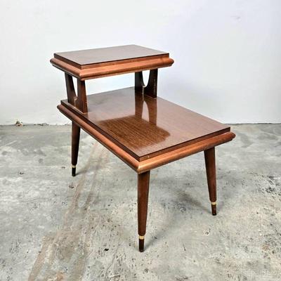 Lot #32 Mid Century Modern Formica Two Tiered End Table with Real Wood Trim & Gold Accents