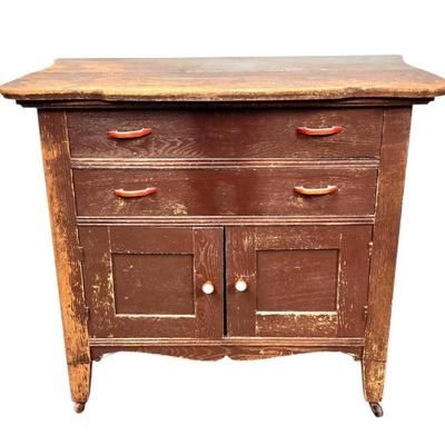 Lot #5 Antique Wood Washstand Cabinet With 2 Drawers & Bakelite Handles