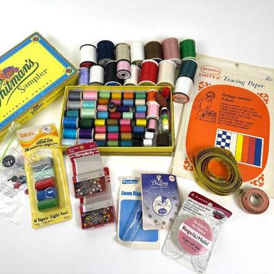 Lot #44 Vintage Sewing Supply Lot: Thread, Pins, Measuring Tapes, Tracing Paper, Seam Ripper