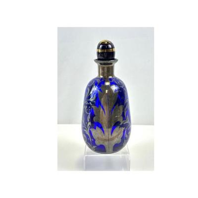 Lot #8 Cobalt Blue Decanter with Glass Stopper Silver Floral Overlay