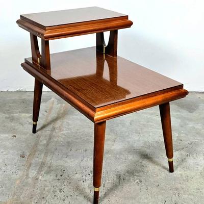 Lot #29 Mid Century Modern Formica Two Tiered End Table with Real Wood Trim & Gold Accents
