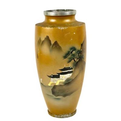 Lot #48 Mid Century 12" Etched Metal Japanese Painted Vase