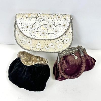 Lot #55 Vintage Small Purses - Set of 3 - 1 Velvet, 1 Seed Bead, 1 Sequined & Small Purse Mirror