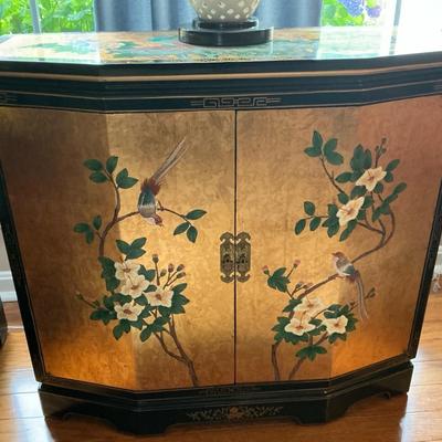 Asian Painted Cabinet With Lamp 