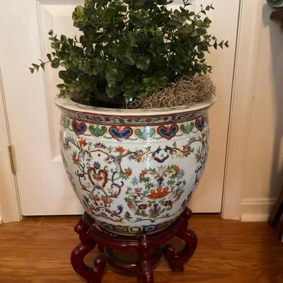 Large Planter With Base And Faux Plant