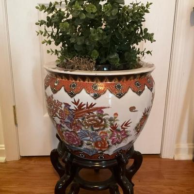 Large Embellished Planter With Stand And Faux Plant