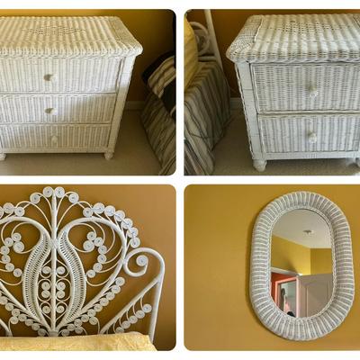 White Wicker Twin Bed Headboard & Chests of Drawers + Mirror 