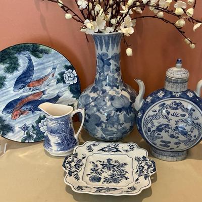 Blue And White Asian Fish Decor Including Meakin