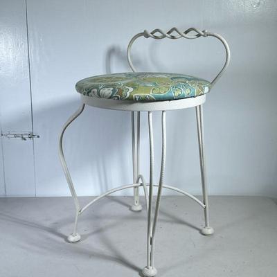 Vanity Table Stool | White wrought iron stool with a floral pattern in shades of green and blue. - h. 22.5 x w. 14 x d. 14 in
