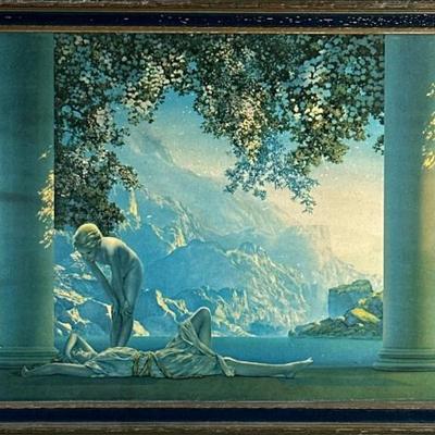 MAXFIELD PARRISH LITHOGRAPH | Daybreak Maxfield Parrish. Color lithograph print. 17.5 x 29.5 in sight - h. 20.5 x w. 32.5 in (Frame)
