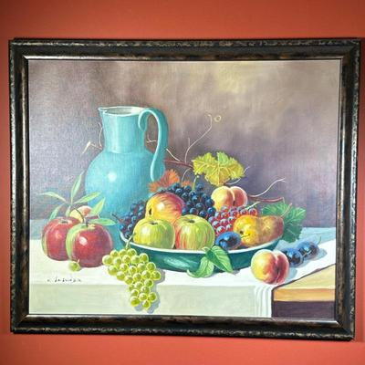 PITCHER STILL LIFE OIL PAINTING | Pitcher & fruit still life. Karl Sascher. Oil on canvas. Signed lower left - h. 22 x l. 26.5 in
