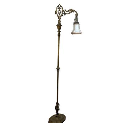 GILT BRASS READING LAMP | Gilt brass floor lamp with milk glass shade - h. 58 x w. 11 x d. 15 in
