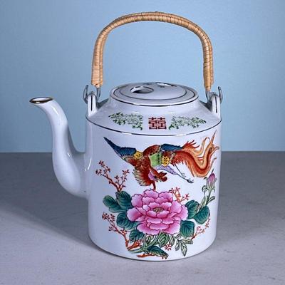 Chinese Teapot | Chinese teapot with flower and exotic bird on front. Marked made in China - h. 6 x w. 7.5 in