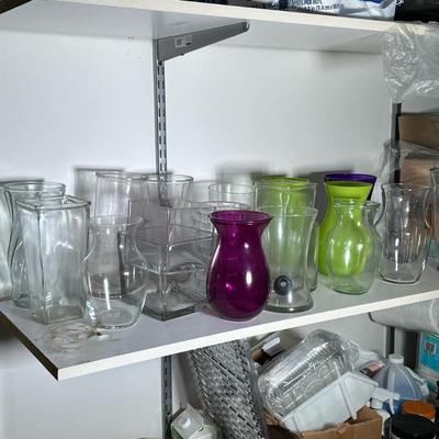 (21pc) Mixed Glass Vases | Including two purple, two lime, square and tall. - h. 10 x dia. 7 in (Tallest)