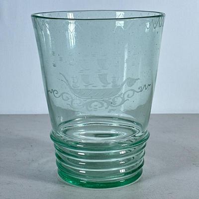 Vintage Ice Bucket | Hand-blown etched glass with sailboat scene. Green-tinted glass. - h. 8 x dia. 6.25 in
