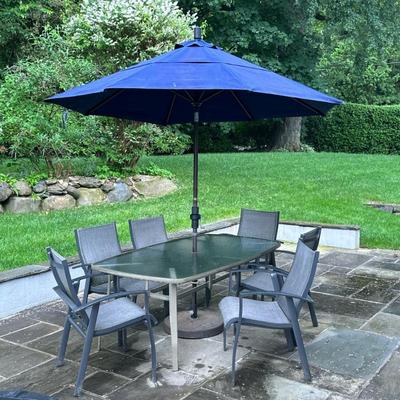 (8pc) PATIO DINING SET | Including 6 armchairs, glass top & aluminum table, and umbrella - h. 27.5 x w. 42 x l. 72 in
