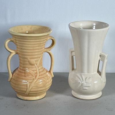 (2pc) Vintage Pottery | Two vases with side handles. The lighter of the two is marked McCoy - h. 8 x w. 5 in (White vase)
