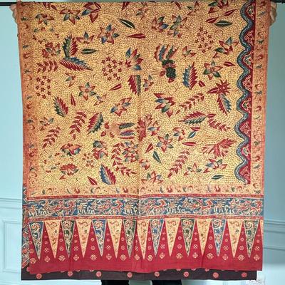 BATIK FABRIC | Batik sarong with red, blue, and green floral and foliage pattern. - h. 96 x w. 41 in
