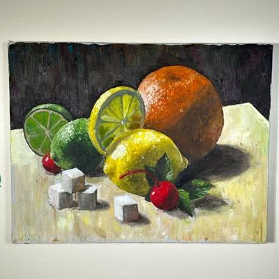 CITRUS FRUIT STILL LIFE OIL PAINTING | Citrus fruit still life. Oil on canvas. Dimensions written on side of canvas; "140"...