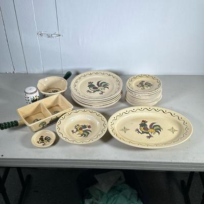 (24pc) Metlox Pottery Set | Rooster themed set including: 6 dinner plates, one bowl, 12 small plates, small dish, platter, serving bowl...