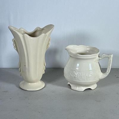 (2pc) Vintage Pottery | Off white pitcher and vase. Dimensions: h. 8.5 x w. 6 in (vase)
