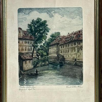 Hand Colored European Etching | Cityscape of Prague Hand Colored Etching. Emil Wanke. 9.5” h x 7.5” w artwork. Signed and numbered. - h....