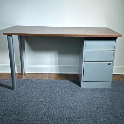 WOOD TOP DESK | Wood top desk with 3 drawer filing cabinet on metal legs - h. 30 x w. 54 x d. 24 in