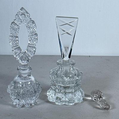 (3pc) Vintage Perfume Bottles | Pressed glass bottles with stoppers plus an additional stopper. - h. 8 x w. 3 in (Tallest)
