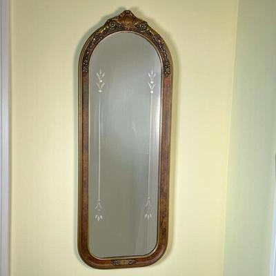 Small Etched Mirror | Small etched mirror in gilt frame Dimensions: h. 26.75 x w. 9.75 in
