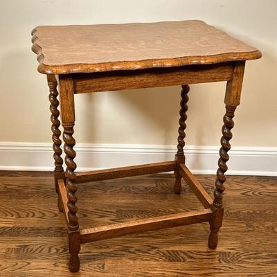 CARVED WOOD SIDE TABLE | Carved wood side/end table with stretchers and twist carved legs, and teardrop feet. Antique English. - h. 28.5...