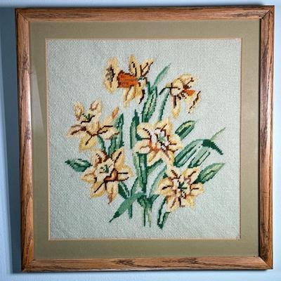 Framed Needlepoint Wall Art | Daffodils Needlepoint. 12”h x 11.5 w needlepoint. Labeled on verso - h. 16 x w. 15.5 in (Frame)
