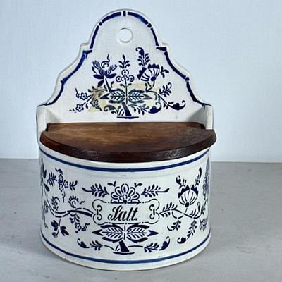 Lidded Salt Box | G M T Co Germany salt box; Blue and white pottery with wooden lid - h. 8.5 x w. 6.5 x d. 5 in
