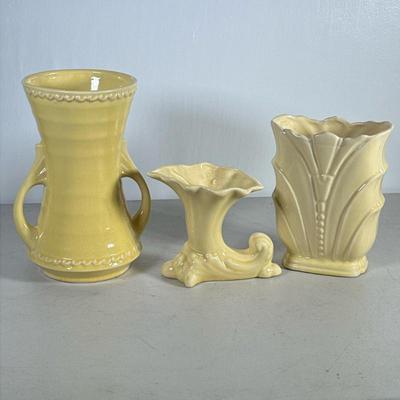 (3pc) Vintage Pottery Vases | Large vase with handles, cornucopia and art deco styled rectangle vase. Large vase is marked 689 U.S.A. -...