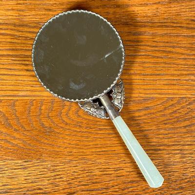 SILVER PLATE Carved Chinese Nephrite Jade Hand Mirror | Small silver plate hand mirror with stone carved handle and intricate floral...